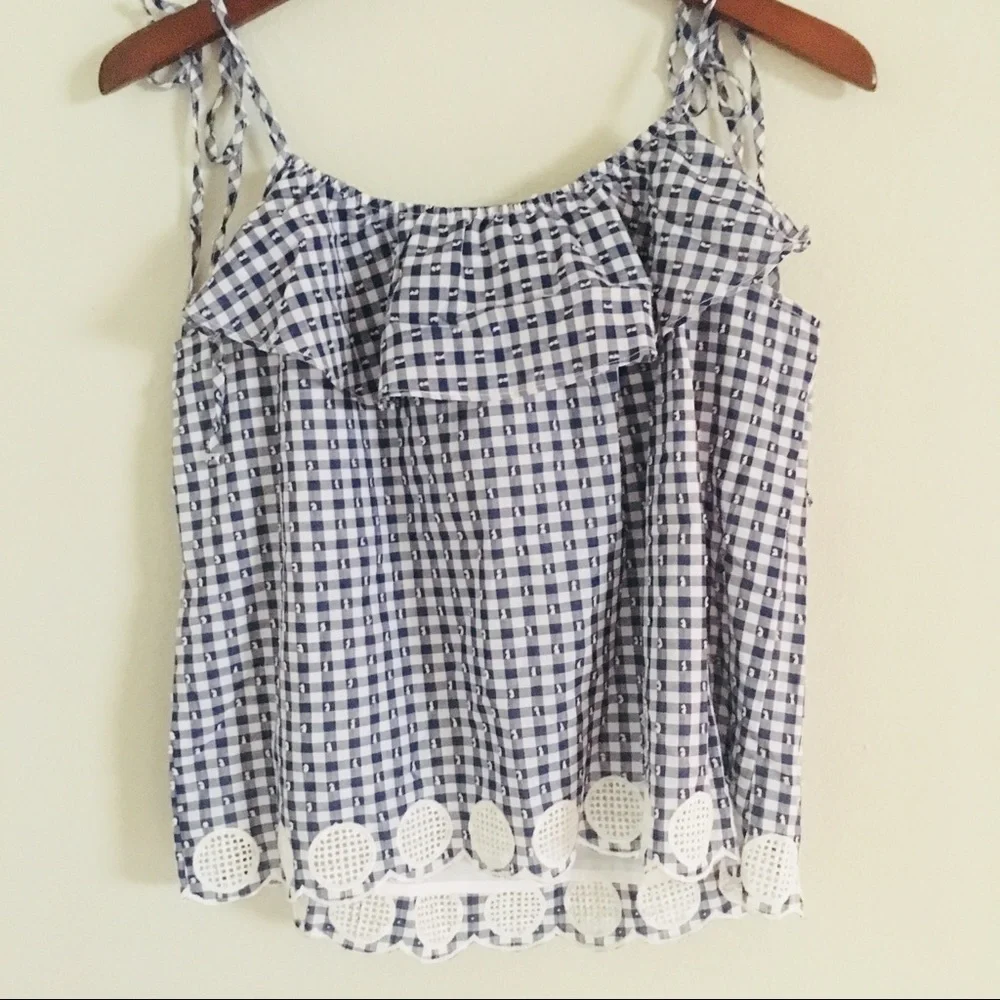 J. Crew Gingham Blue Ruffle Tie Shoulder Eyelet top